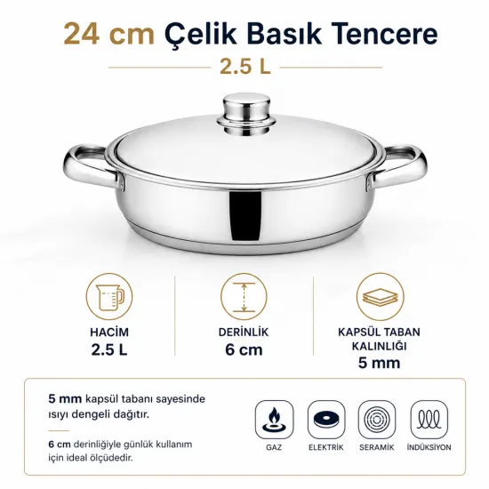 Gülsan Mega 24 cm Basık Çelik Tencere Gülsan Mega 24 cm Basık Çelik Tencere